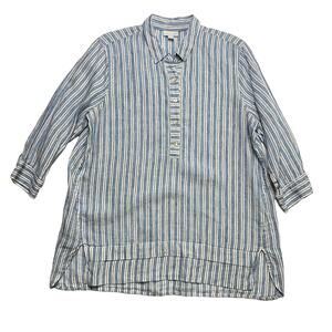 J. Jill Linen Popover Tunic Blouse Top Striped Button Front Pullover Medium